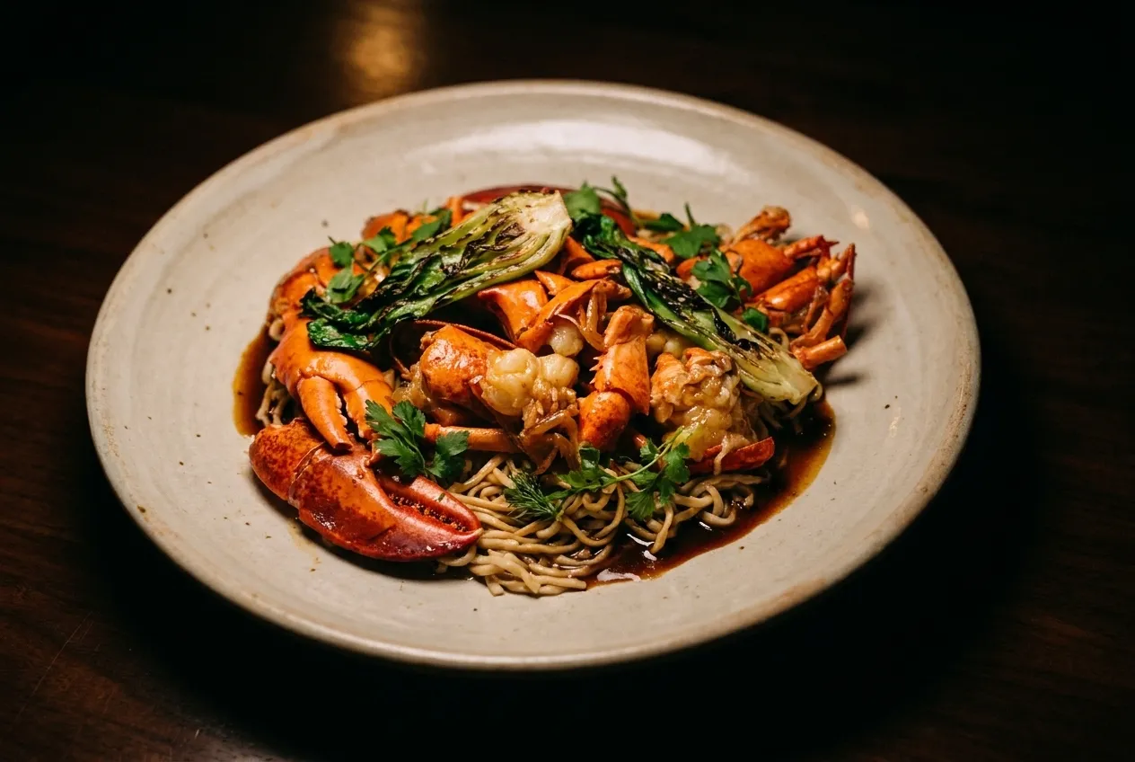 A composed plate of seafood and vegetables on a pale ceramic dish in a dim room