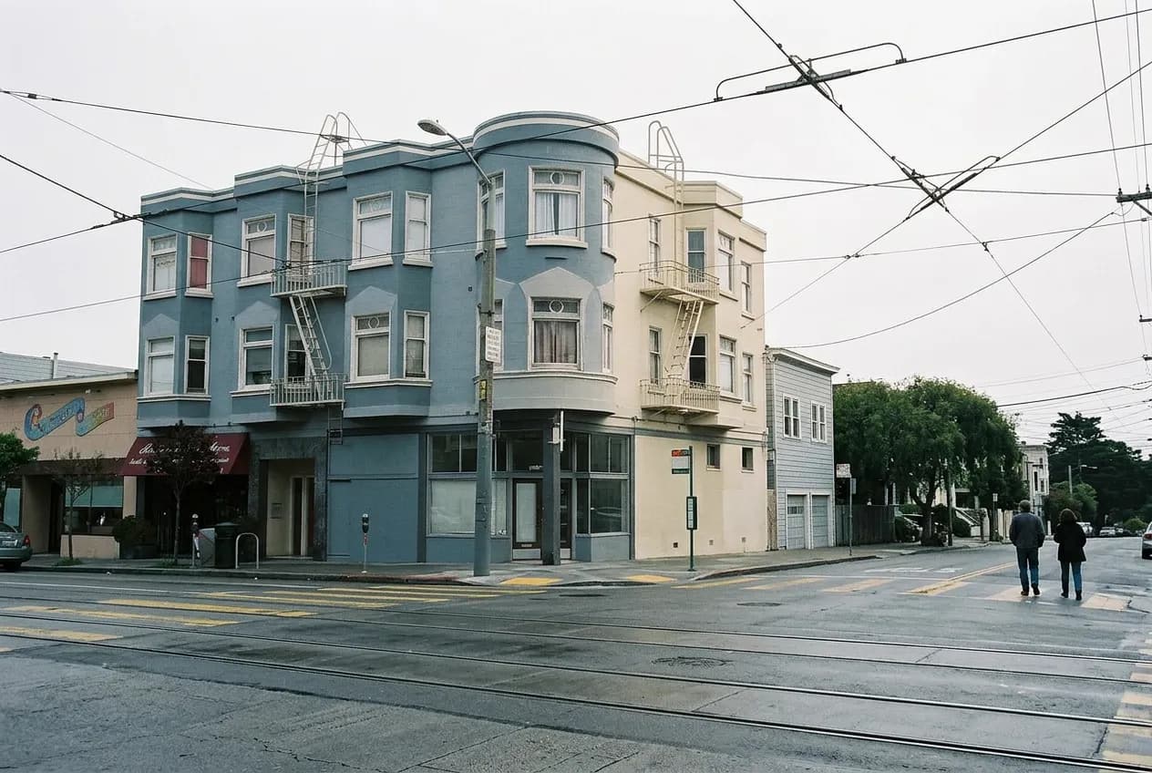Storefronts along Irving Street in San Francisco's Inner Sunset on an overcast afternoon