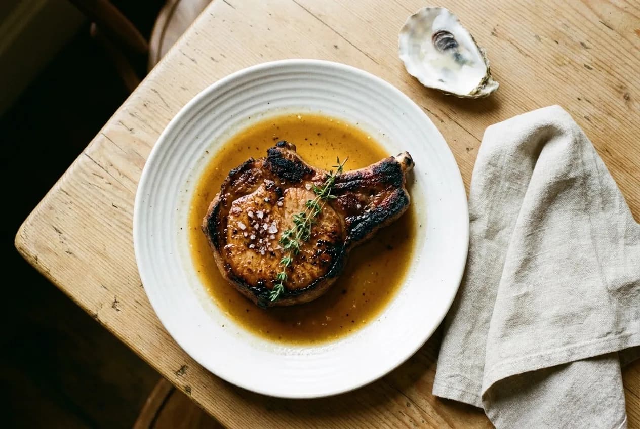 Heritage grilled pork chop on white plate with oyster shell and linen napkin on wooden table in natural light.