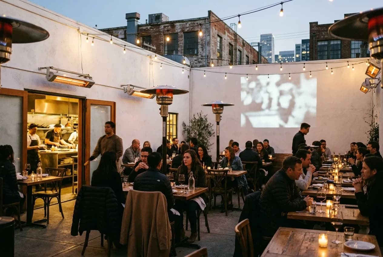 Foreign Cinema's outdoor courtyard at dusk with film projected on white wall, diners at candlelit tables, and open kitchen visible.