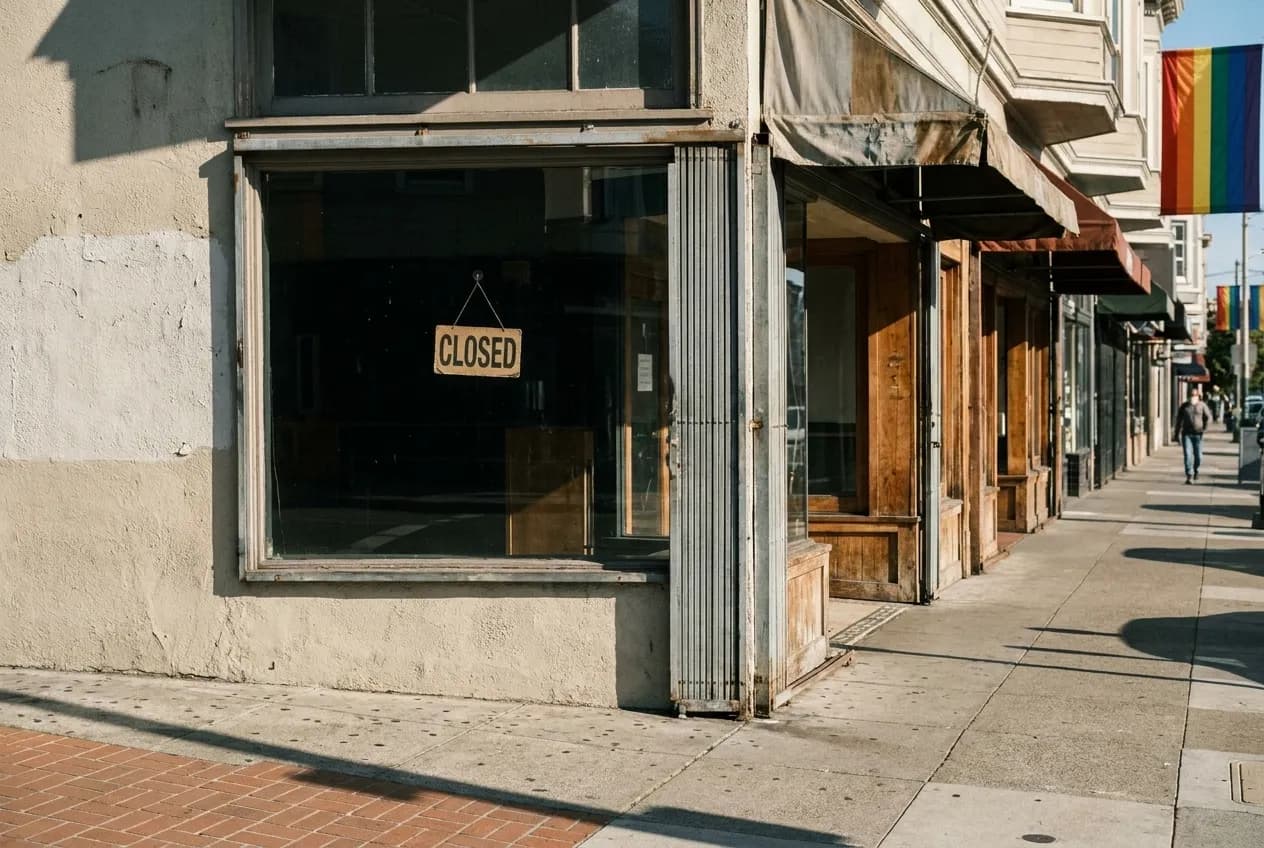 Dark closed storefront at Castro intersection with empty pavement where brunch queues once formed on weekend mornings.