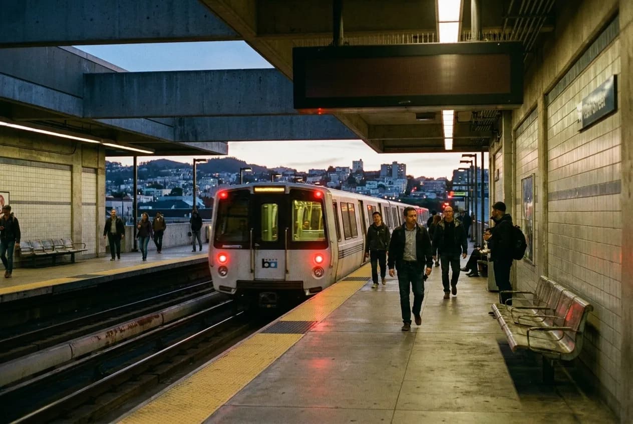 BART platform at 16th Street Mission station at dusk with train arriving and Castro hills visible in background.