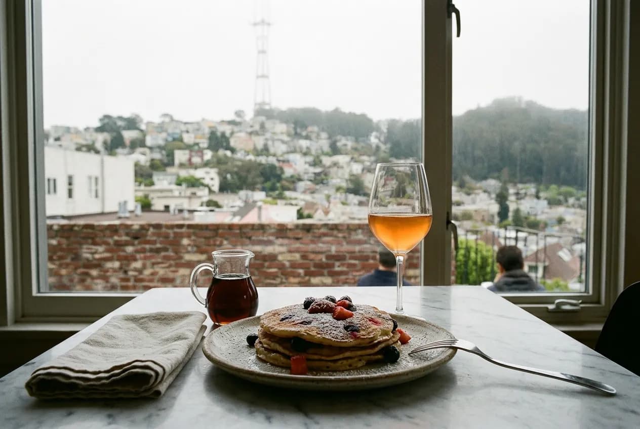 A brunch table set with pancakes and syrup, brick wall softly blurred behind it under skylight glow.