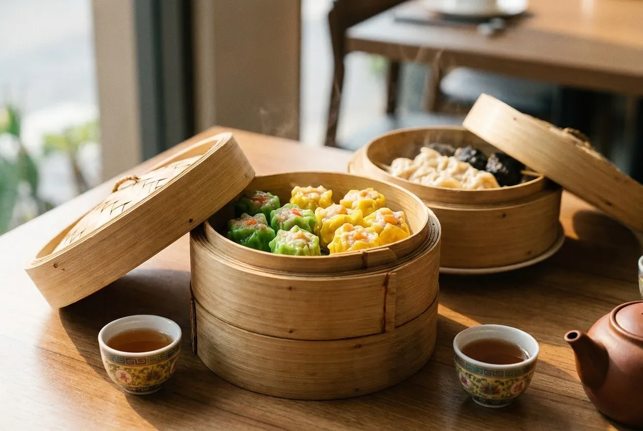 Interior of a traditional dim sum tea room showing round tables and servers pushing metal carts loaded with bamboo steamers.