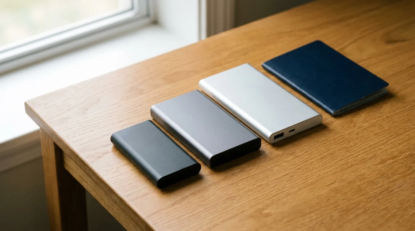 Three power banks of different sizes lined up on a wooden desk beside a passport and boarding area light