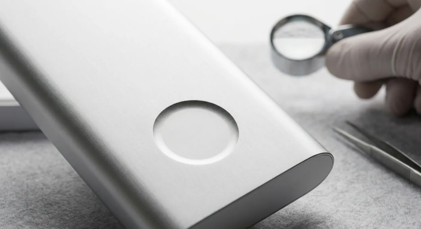 Close-up of certification stamp area on a power bank's underside in crisp studio light