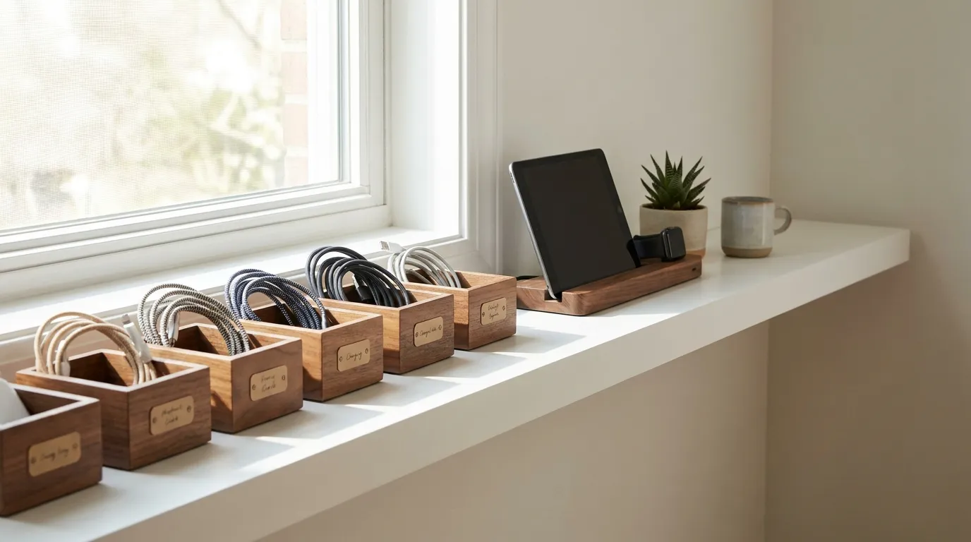 A tidy shelf with charging gear organized in labeled boxes in a bright home office
