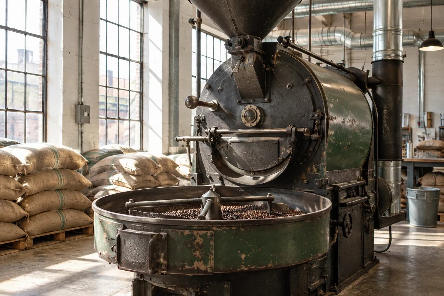 A large drum coffee roaster in cast iron and painted steel standing in a bright industrial room, sacks of green beans stacked on the floor beside it