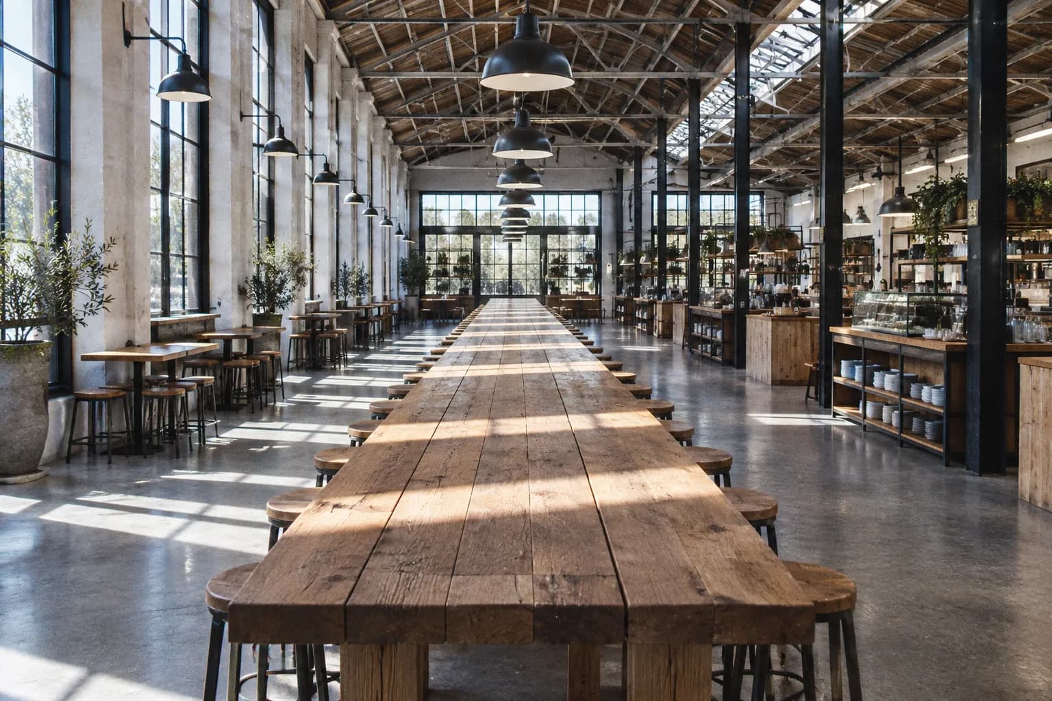 A wide timber communal table running down a high-ceilinged cafe, stools tucked beneath it and daylight falling across the surface from tall windows