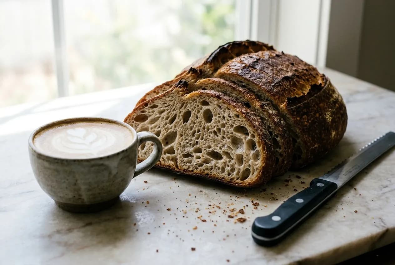 A sliced loaf of country bread and a latte on a marble counter
