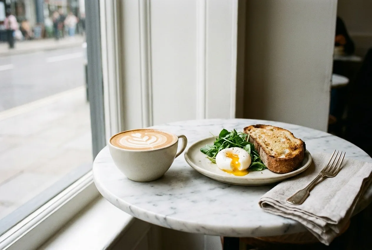 A breakfast plate and a cappuccino on a small marble table by a large window