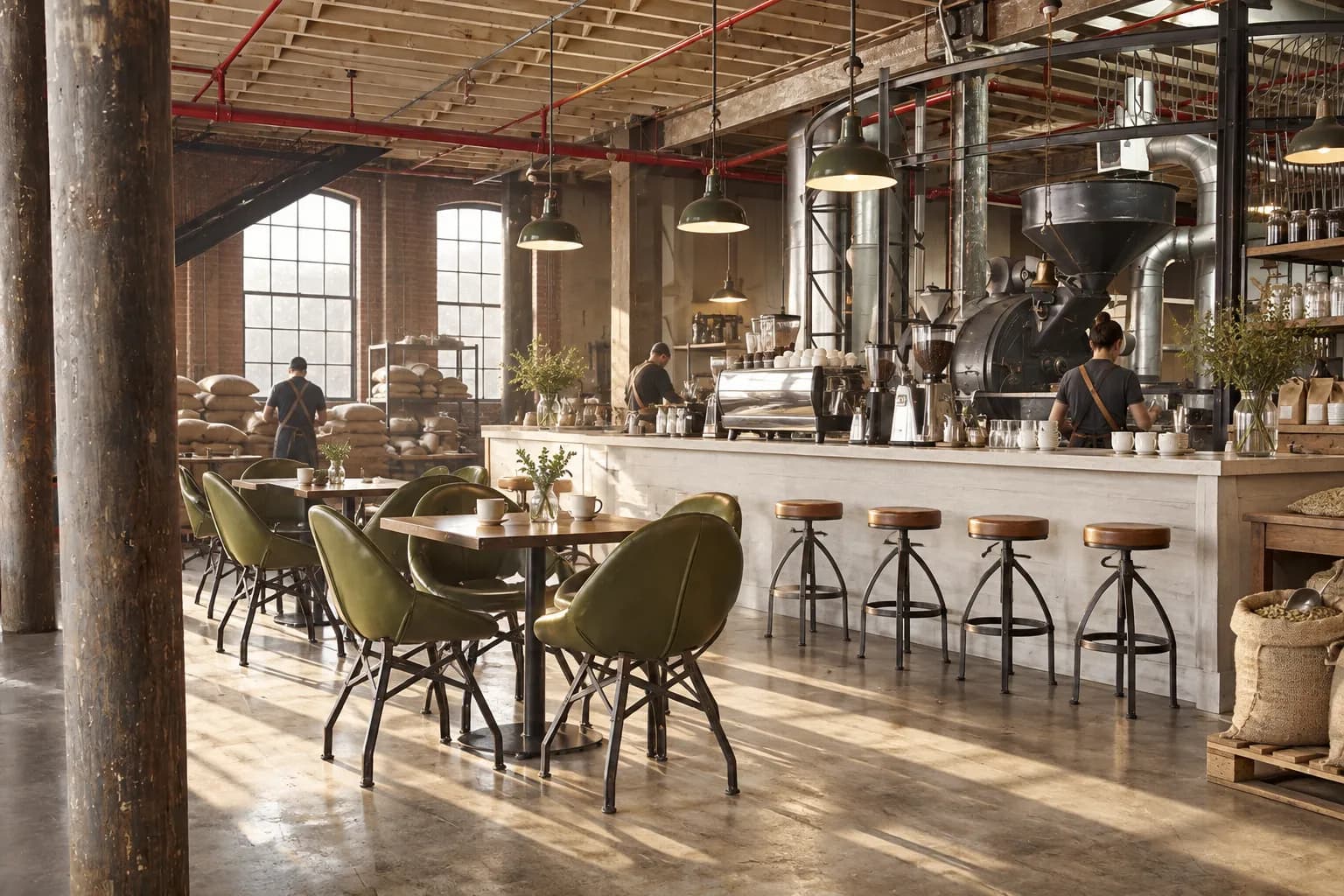 A long coffee bar inside a brick-and-timber warehouse, a drum roaster visible behind the counter under warm daylight from high windows