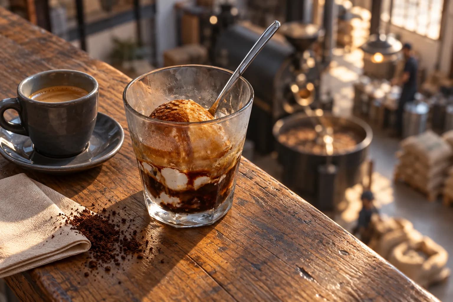 An affogato in a small glass beside an espresso cup on a worn wooden rail, steam catching afternoon light
