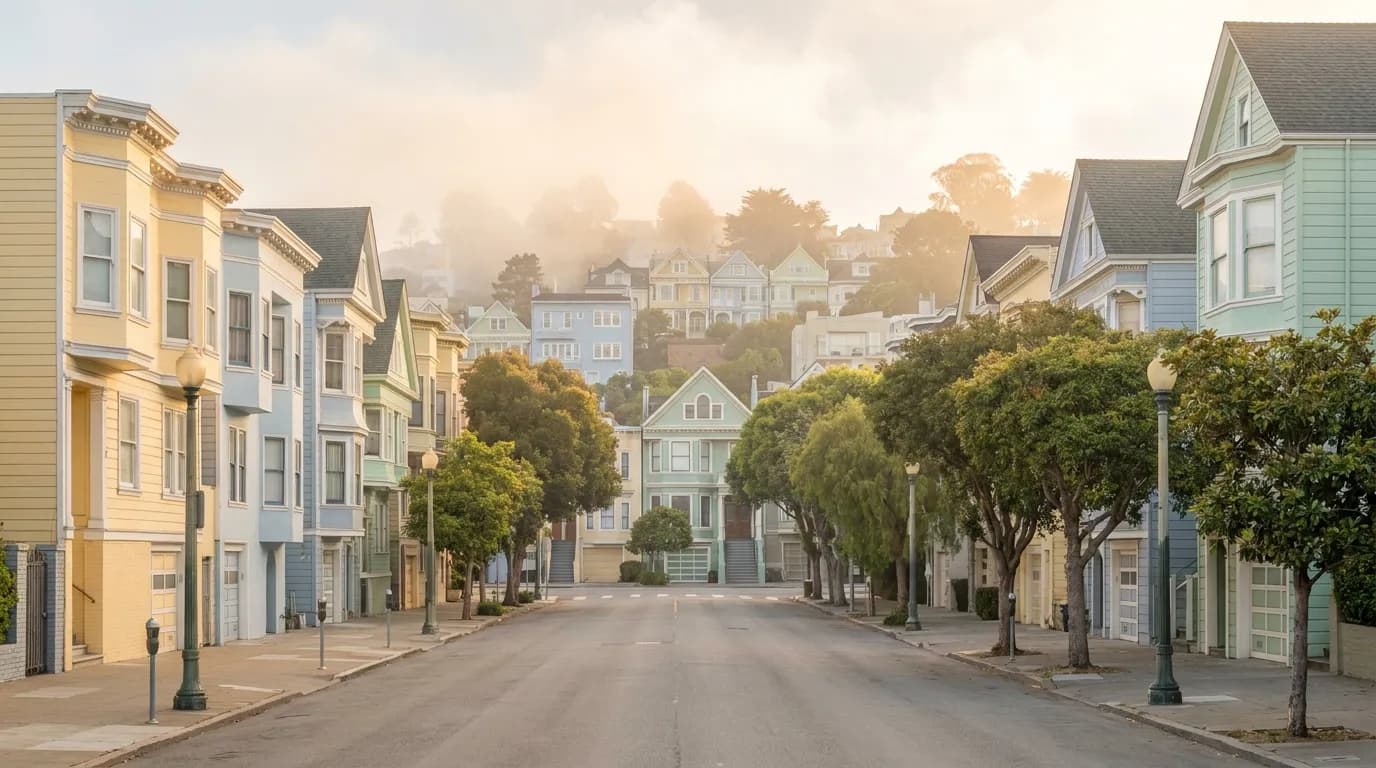 Tree-lined San Francisco street with Victorian houses and a fog-tinged golden-hour sky