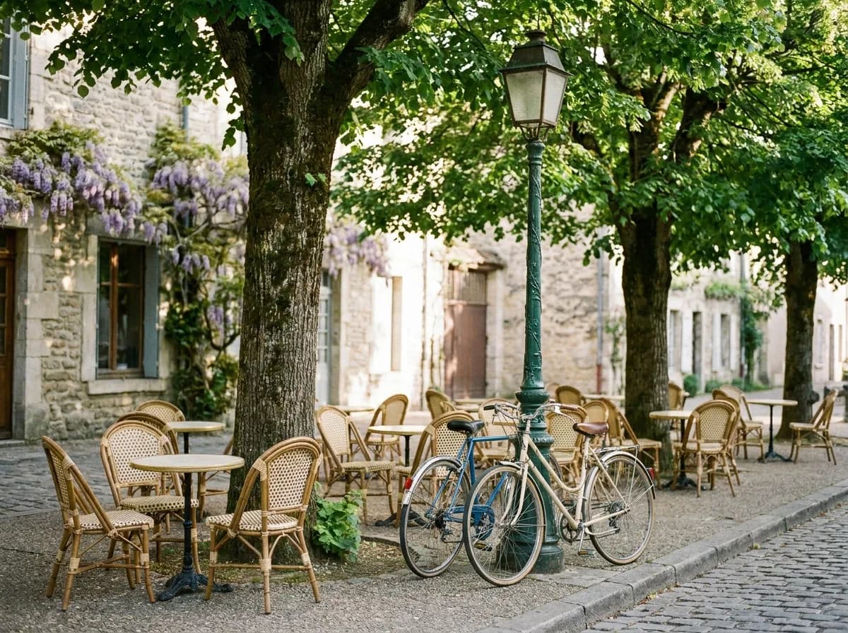 Cafe tables on a quiet tree-lined street with bicycles leaning against a lamppost