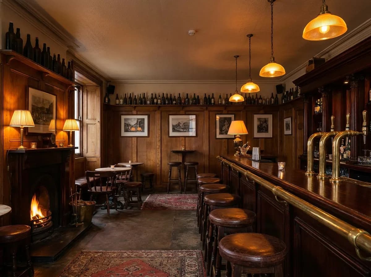 A classic pub interior with wooden bar, stools and warm lamplight in early evening
