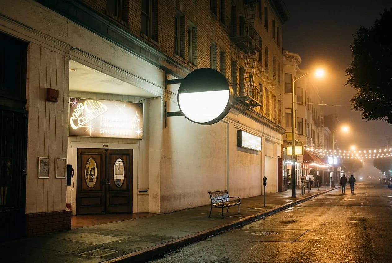 Night view of a North Beach street corner with a lit entertainment marquee outside a comedy club entrance