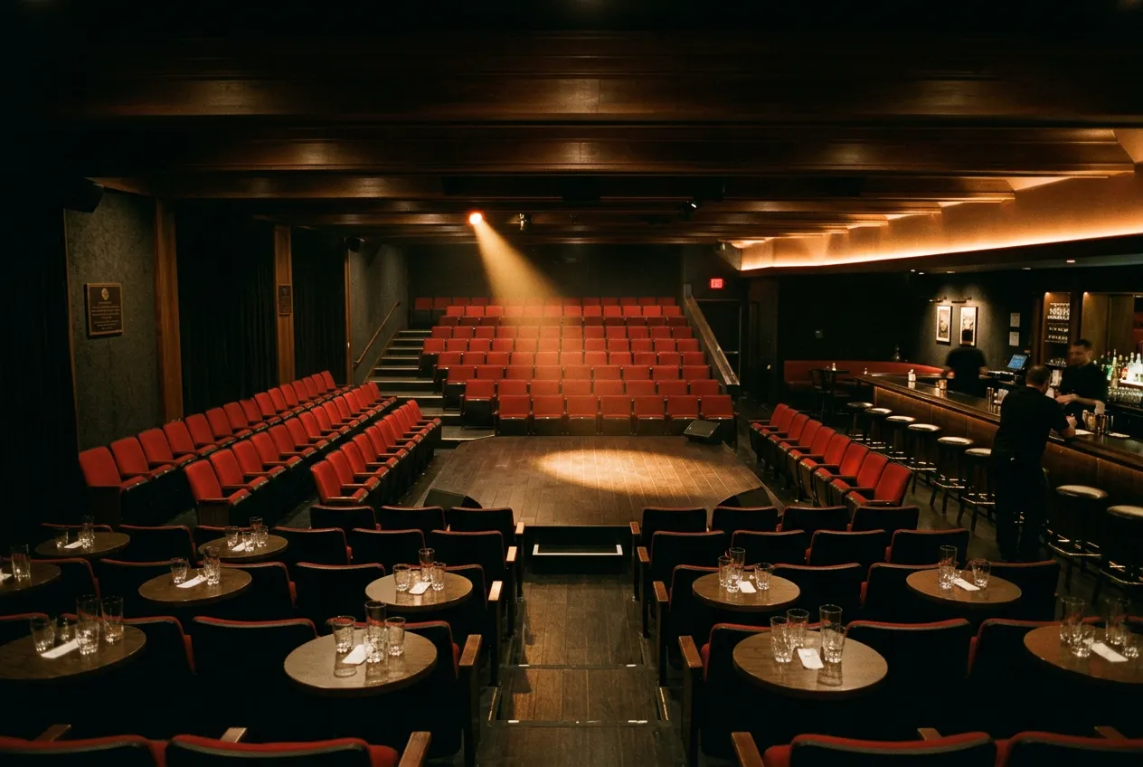 Rows of empty theater seats facing a small stage inside a comedy club showroom