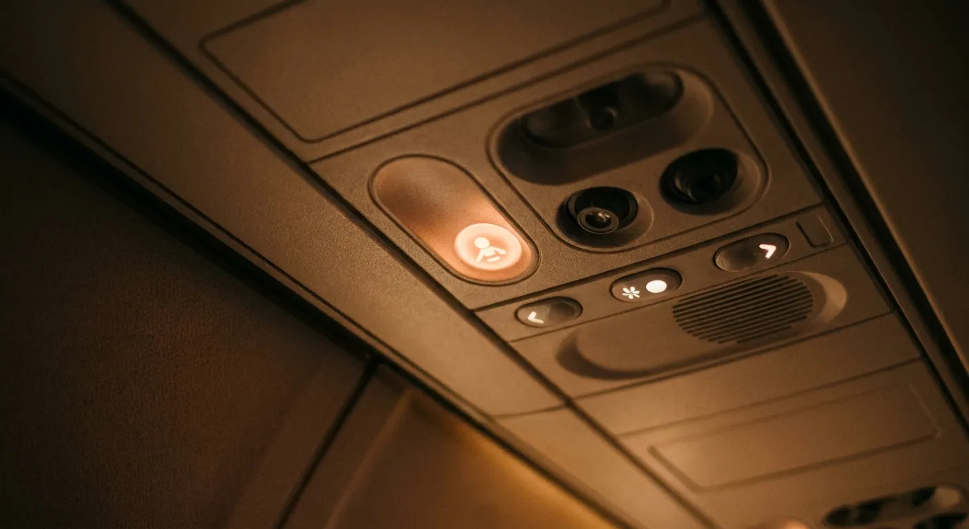 An airplane call button glowing above a seat in soft cabin light