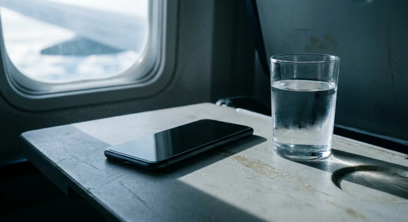 A phone lying face down on an airplane tray table beside a glass of water