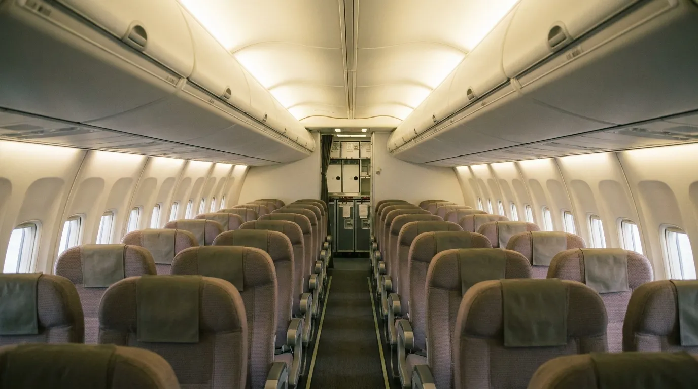 Airplane aisle looking toward the galley with soft light and empty seats
