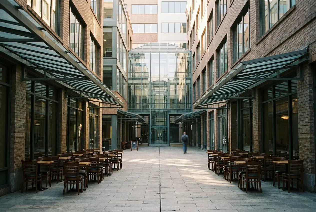 Exterior courtyard and glass atrium entrance of a SoMa dim sum restaurant on a quiet Stevenson Street morning