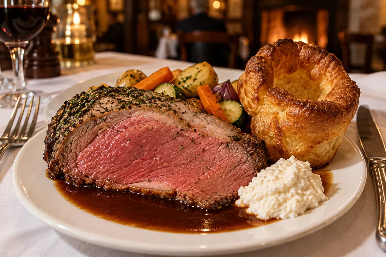A thick slice of rare prime rib on a warm plate with jus, horseradish and Yorkshire pudding