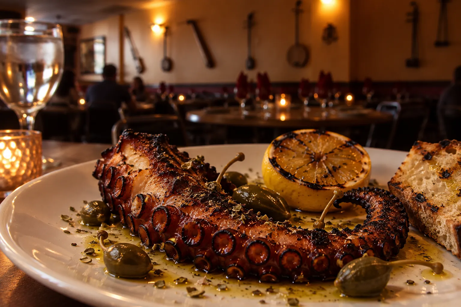 A charred octopus tentacle on a white plate with lemon, olive oil and herbs