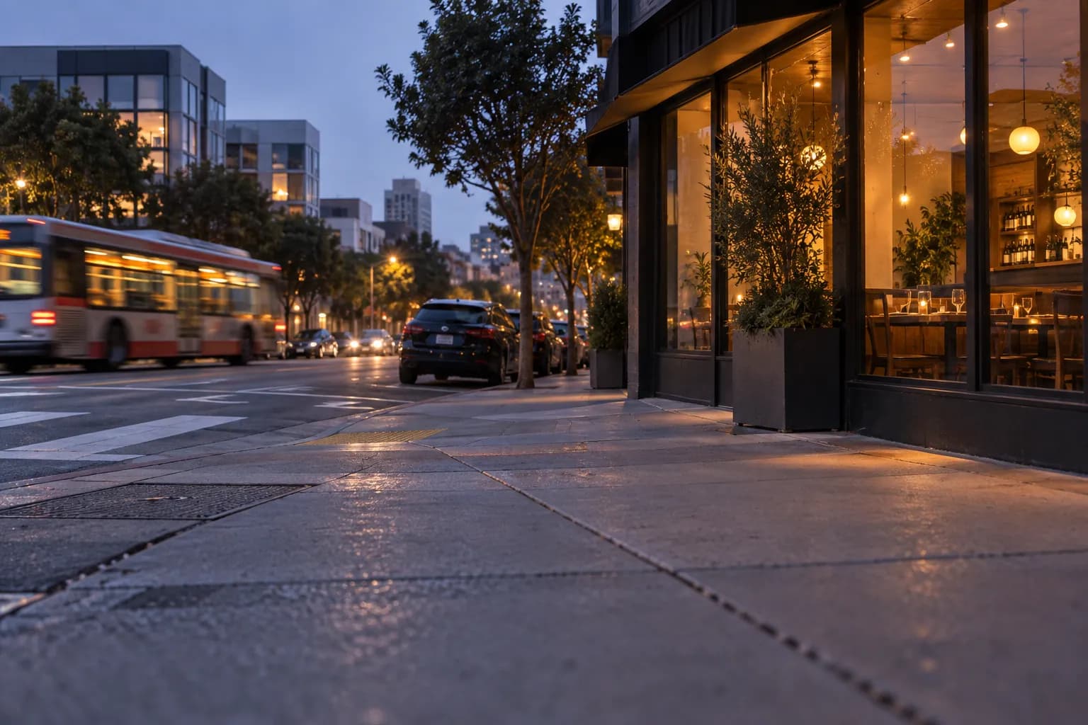 A street-level view of a Hayes Valley restaurant frontage near Franklin Street, with pavement, parked cars, passing traffic and evening light framing the entrance without readable signage.