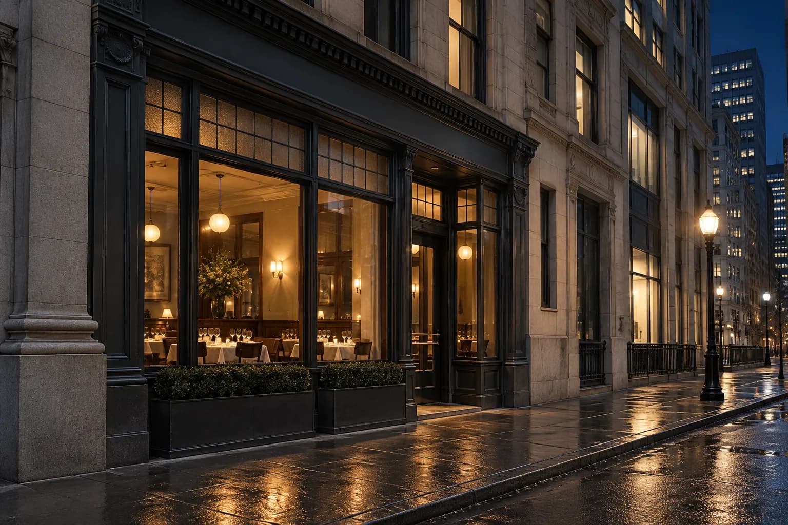 Street-level night view of a historic downtown restaurant exterior, with warm window light on a dark pavement, surrounding office buildings and a quiet city street under deep blue evening sky.
