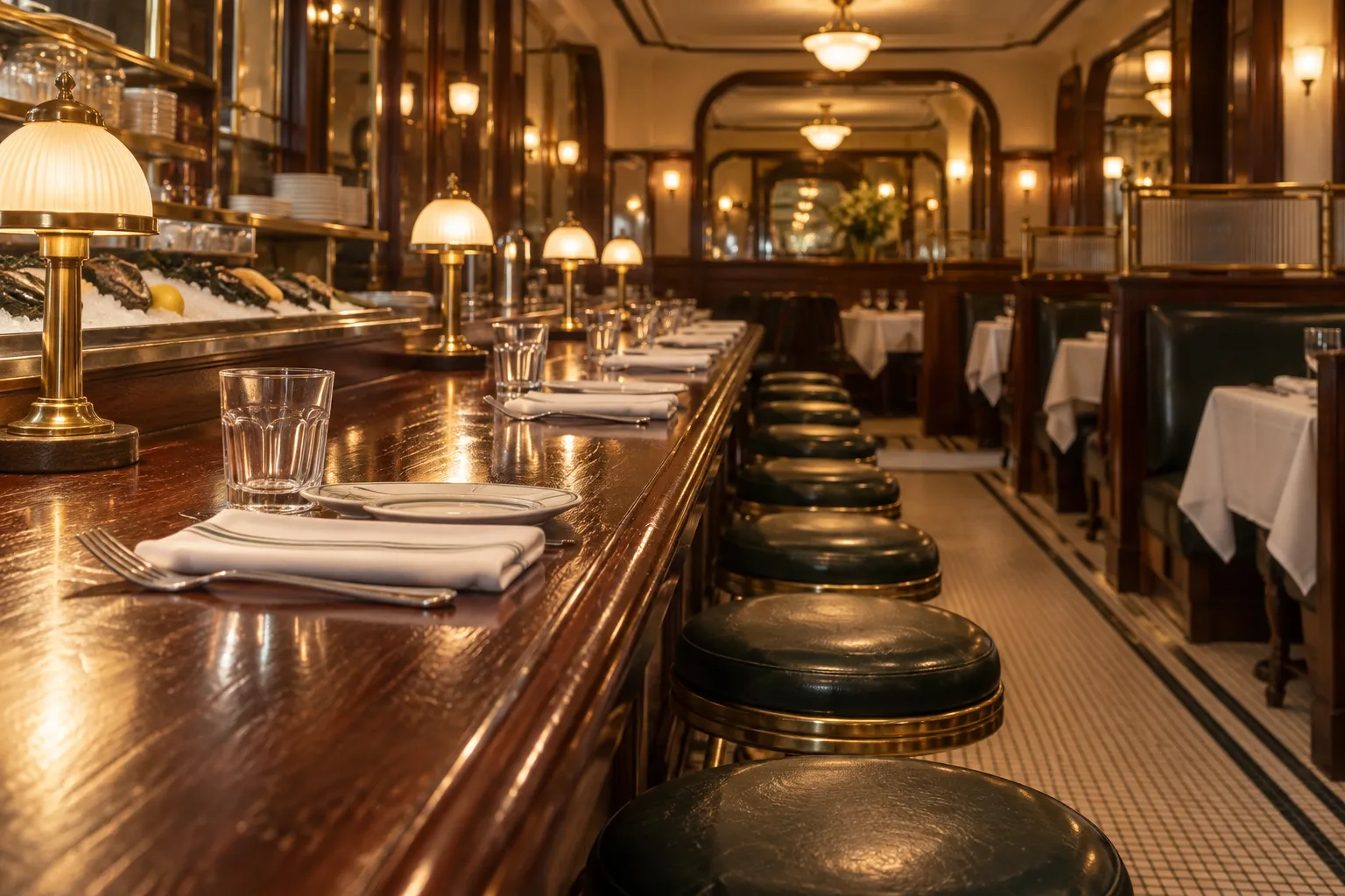 An empty polished wooden restaurant counter with backless stools, white linen place settings, dark wood panelling and warm overhead lighting in an Art Deco dining room.