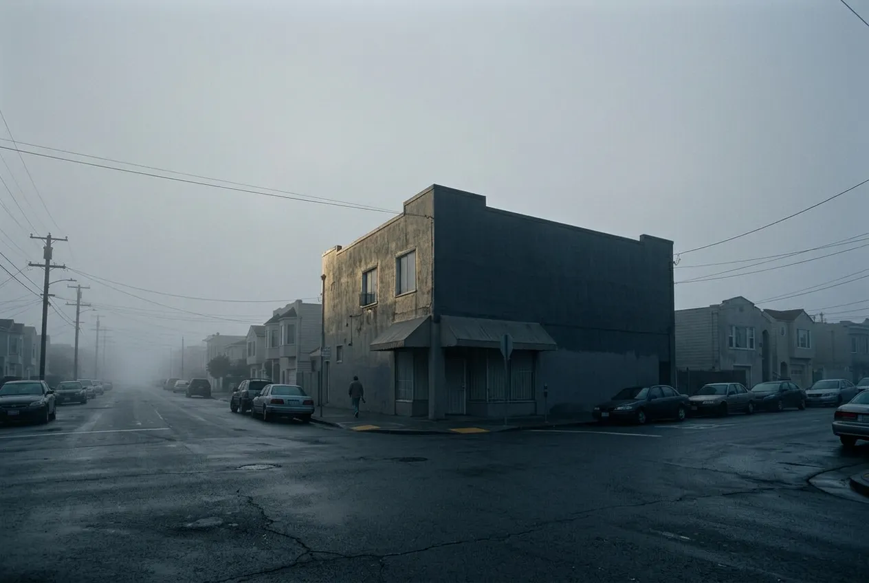 Weathered corner storefront bar on a foggy Outer Sunset street near Ocean Beach