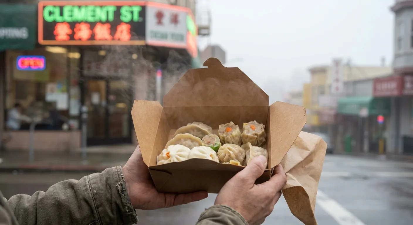 A paper takeout box of dumplings held on a foggy Clement Street sidewalk with shop signs blurred behind
