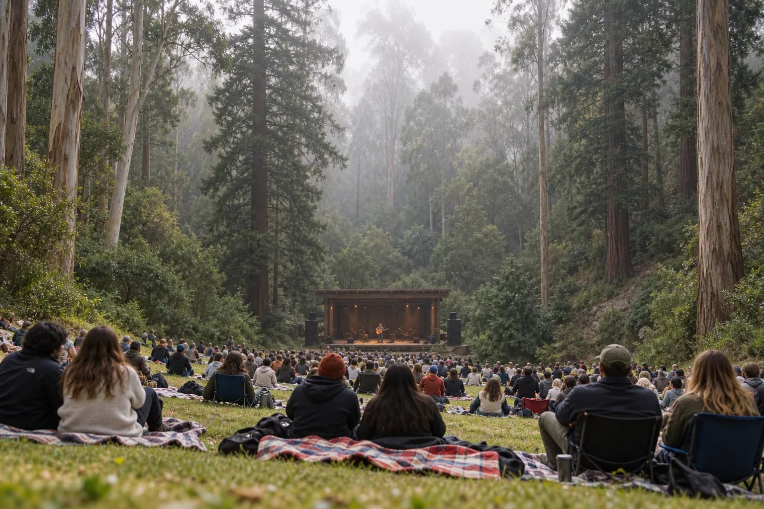 A sloping meadow of seated crowds facing a stage below a wall of tall eucalyptus