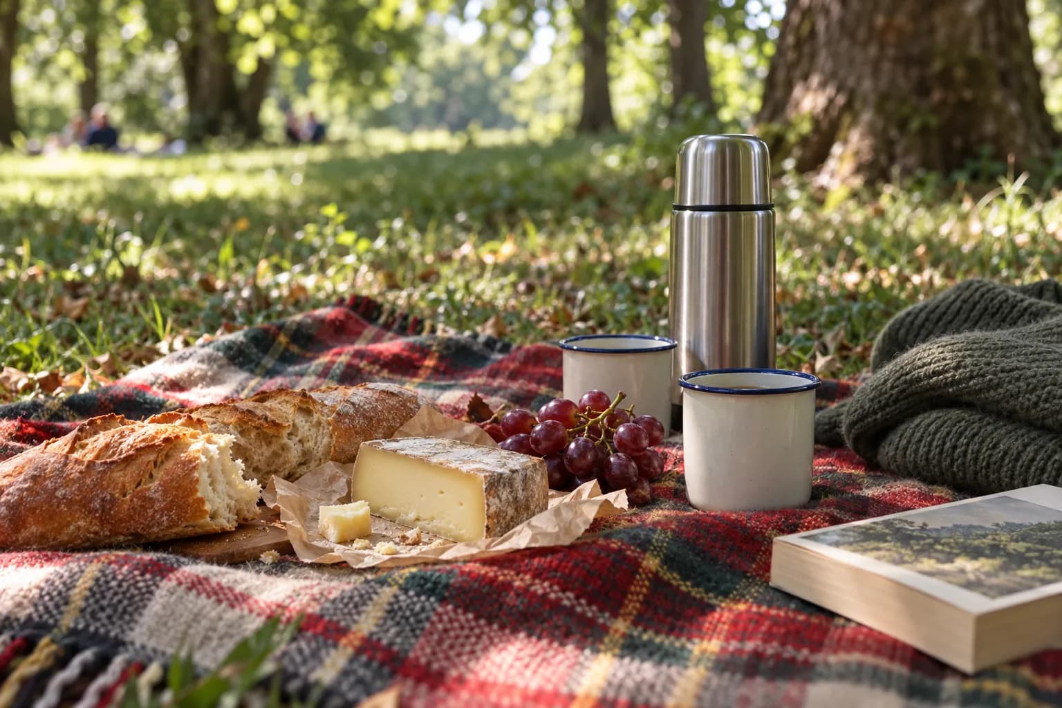 A picnic blanket spread with bread, cheese and a flask on grass under trees