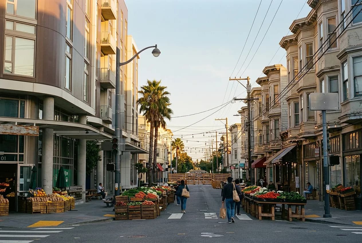 A closed-off Mission District street lined with farmers market stalls under a golden-hour sky in San Francisco.