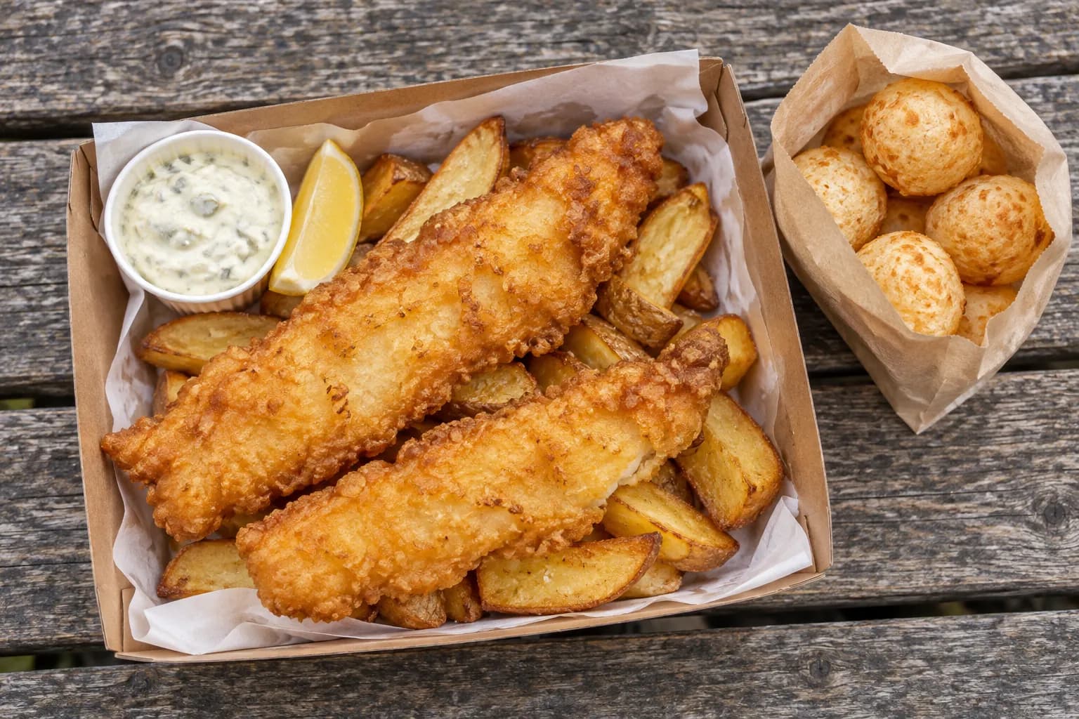 Battered fish and thick-cut chips in a paper tray with a wedge of lemon and tartare sauce