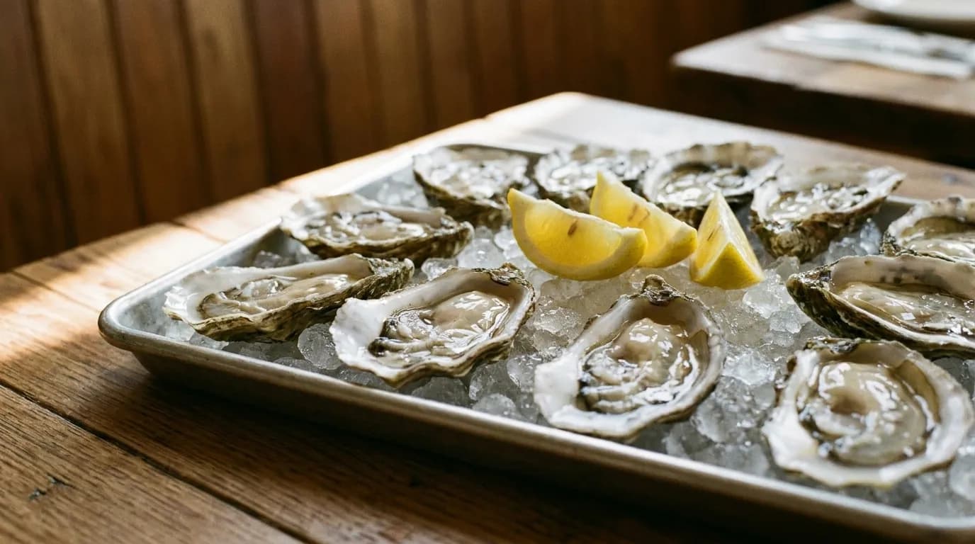 A raw-bar counter inside the Ferry Building displays oysters on ice with lemon wedges and mignonette.