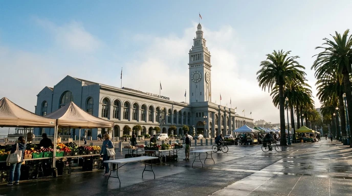 The San Francisco Ferry Building seen across the Embarcadero on a Saturday market morning