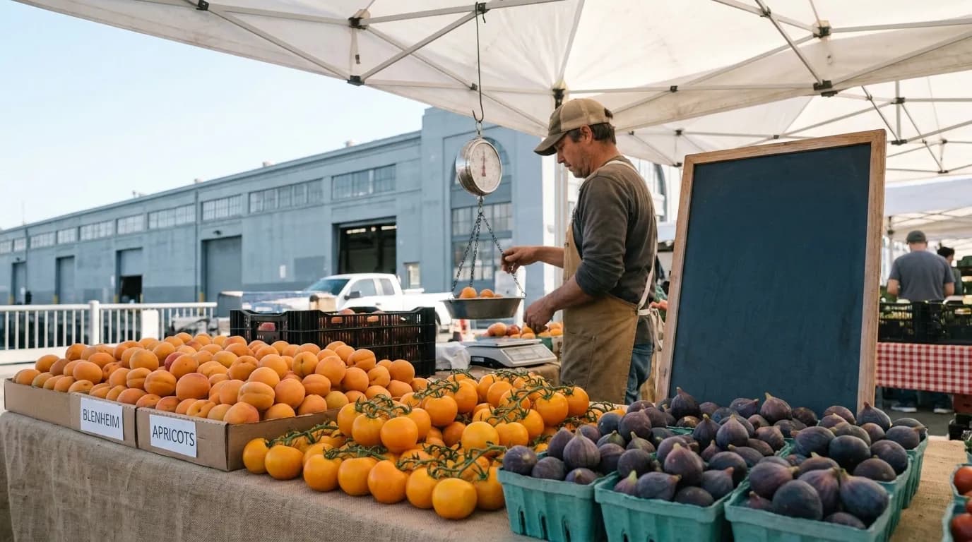 A produce stall piled with summer fruit at a farmers market on the San Francisco waterfront