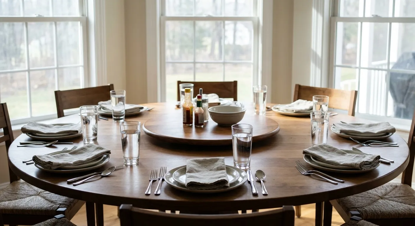 A large round table set for eight in a bright dining room with water glasses, folded napkins and a lazy Susan in the centre