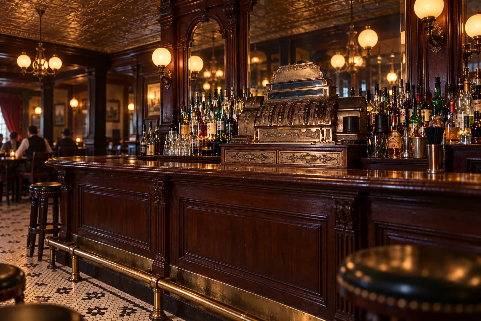 A restored 1900s saloon with a carved mahogany back bar, tin ceiling and mosaic tile floor