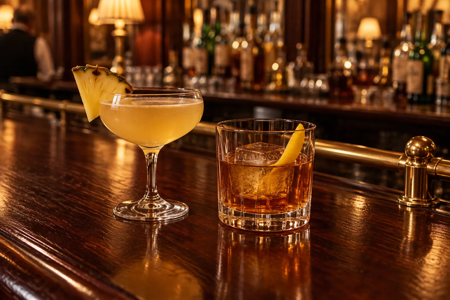A pisco punch in a small glass beside a stirred whiskey cocktail on a mahogany bar