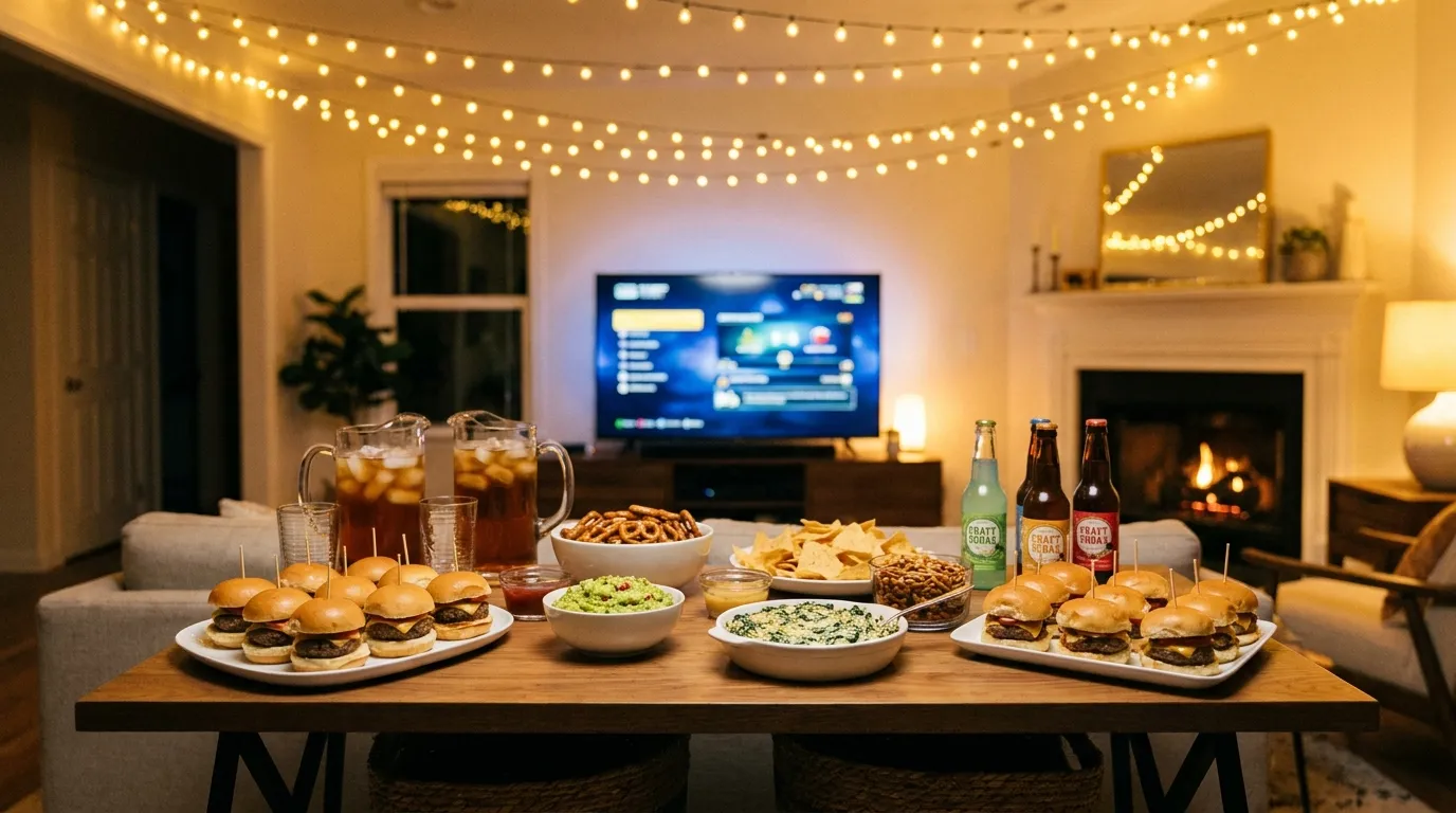A living room set for a game night with sliders, dips and drinks under warm string lights