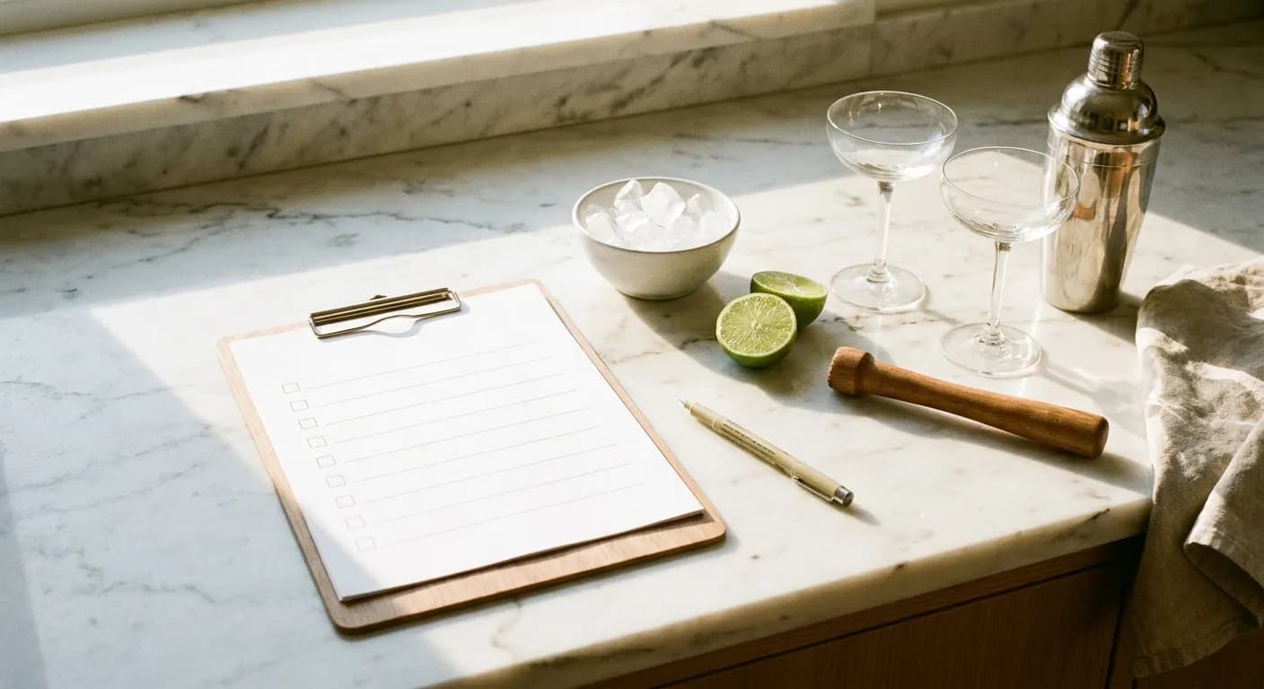 Handwritten party checklist on a kitchen counter beside limes and glasses