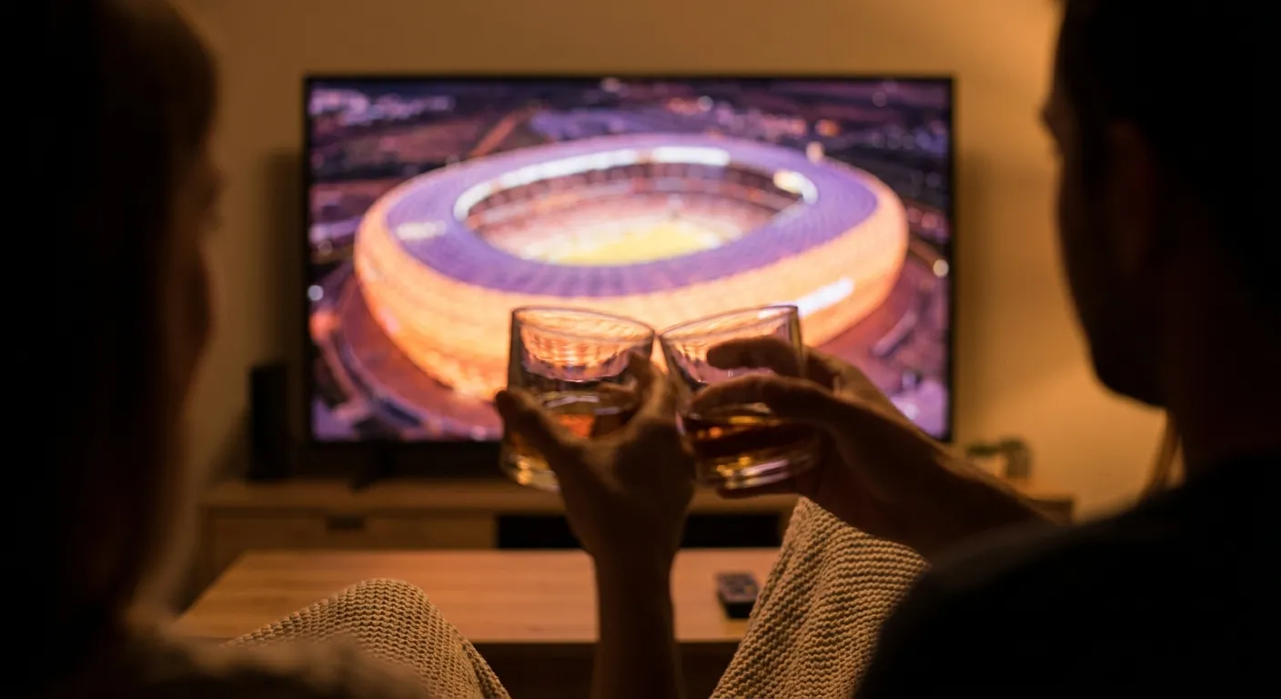 Friends' viewpoint of a TV showing a stadium wide shot with drinks raised in the foreground