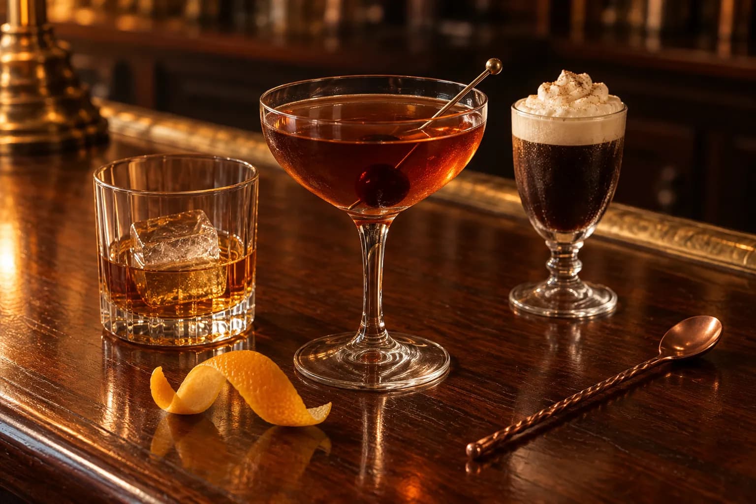 A still life of whiskey cocktails, a copper bar spoon, citrus peel and dark glassware on a polished wooden bar, with warm amber light and Victorian woodwork softly blurred behind.