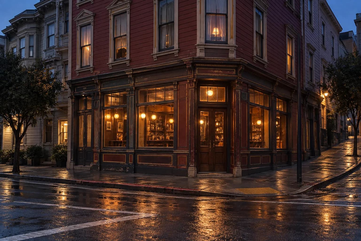 A historic-looking San Francisco bar exterior at night, warmly lit windows meeting a shadowed corner street, with dark pavement, old architectural details and a quiet Mission District atmosphere.