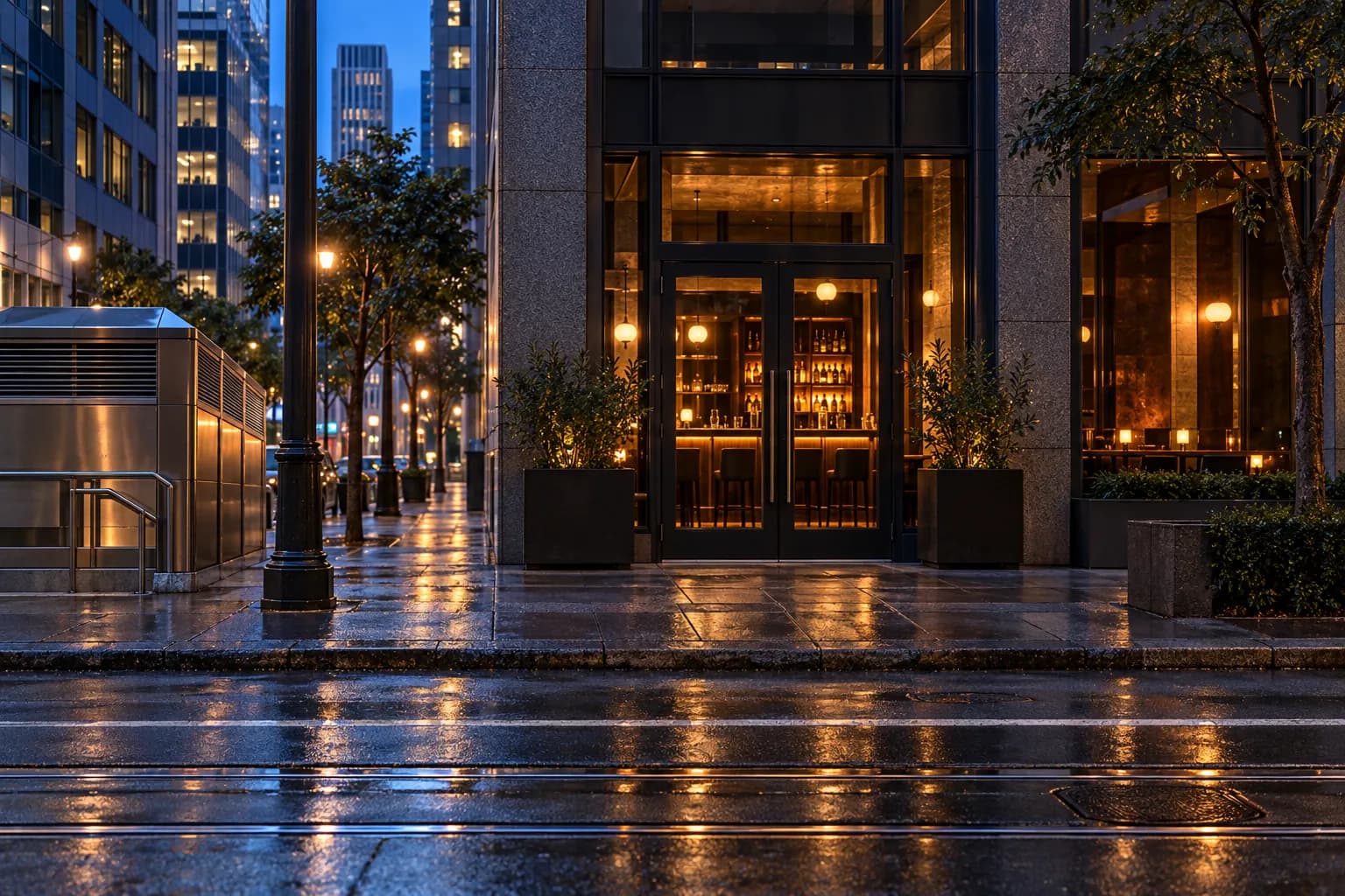 Blue-hour street scene in San Francisco's Financial District, with a dark bar entrance near glass office buildings, concrete pavement, metal transit details and warm interior light spilling onto the pavement.