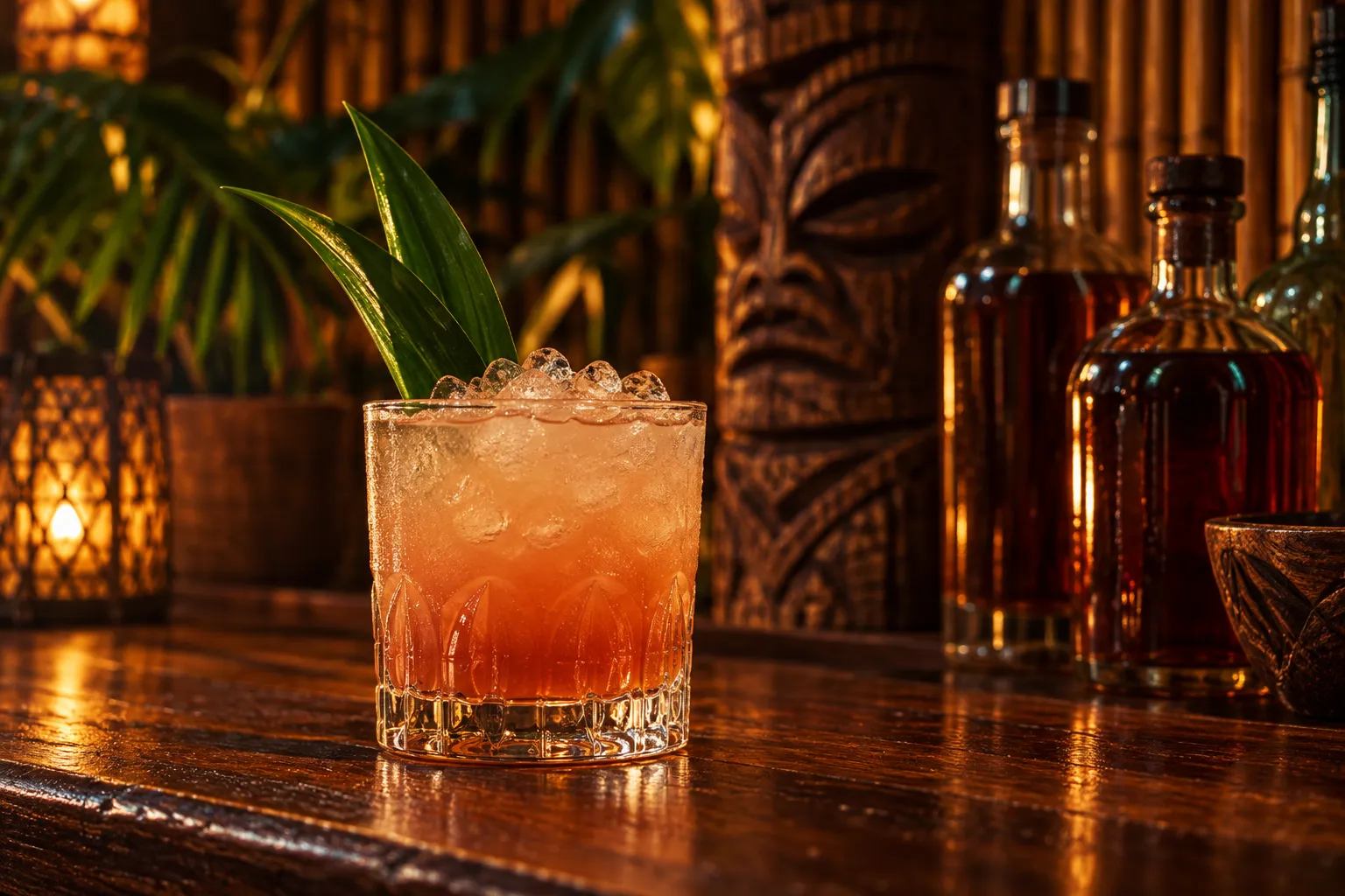 Close tabletop view of a tropical cocktail in a glass on a dark wooden bar, surrounded by rum bottles and low amber light, with blurred carved wood and island-themed textures behind it.